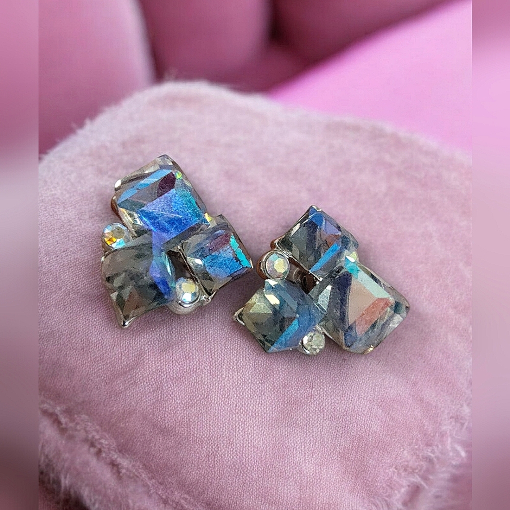 Swarovski Crystal Rhinestone Triple Square Cut Stud Earrings